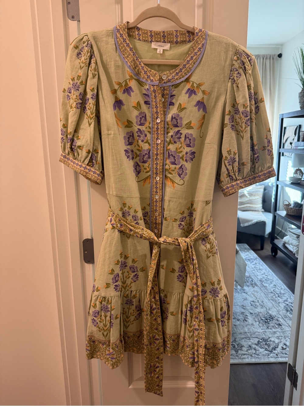 Bohemian Floral Belted Green Dress with Purple Print